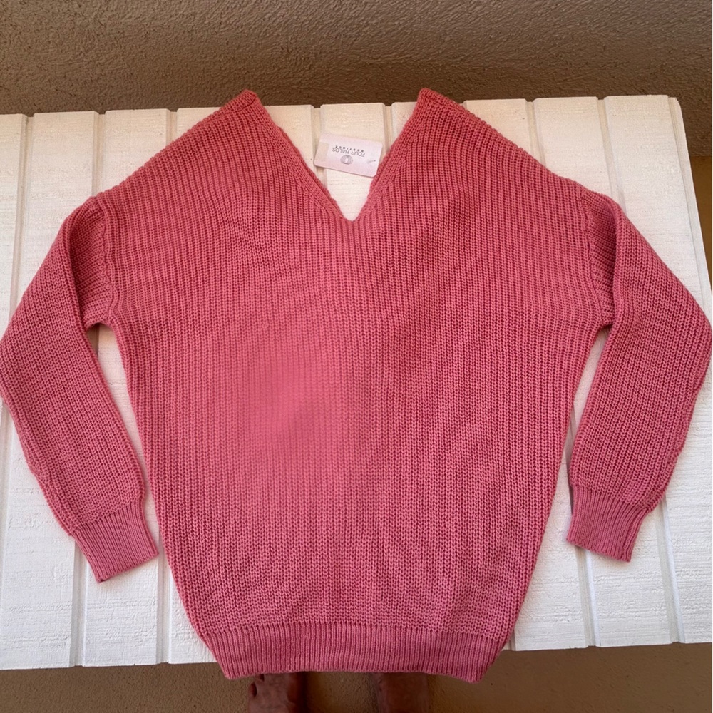 CY Fashion V-Neck Sweater‎ Twist Knot Back Pink Size Large